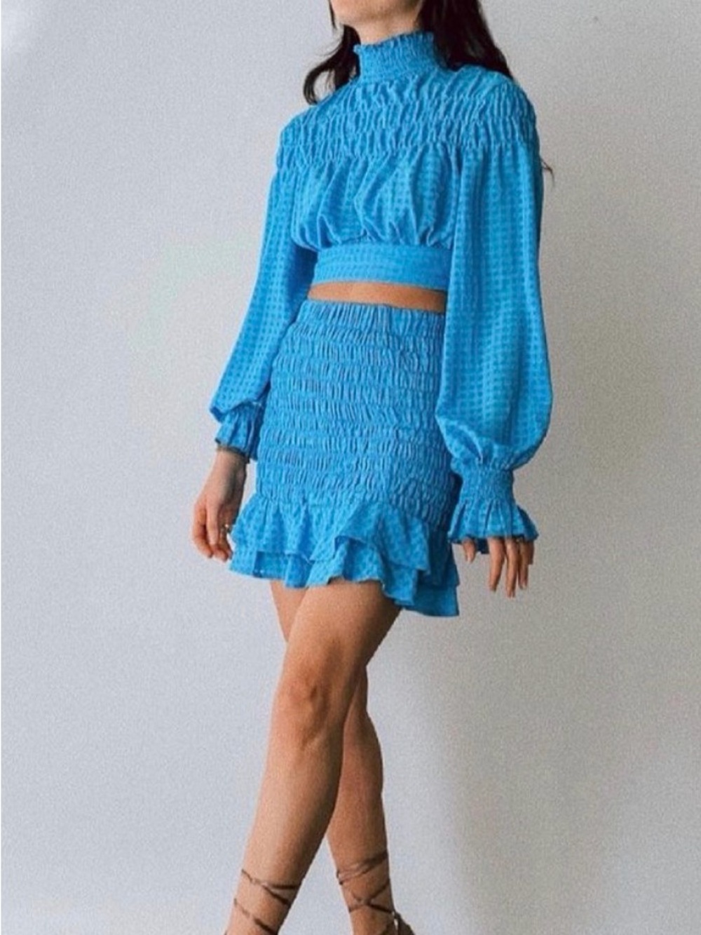 SHEIN Electric Blue Smocked Crop Top and Mini Skirt Set - Picture 3 of 9